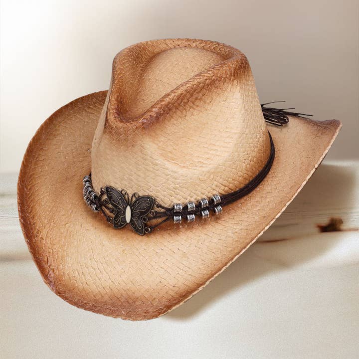 Sensibling Corp. - Wholesale Cowboy Hat - Women's - Western Butterfly Faux Leather Band Straw Cowboy Fedora Hat
