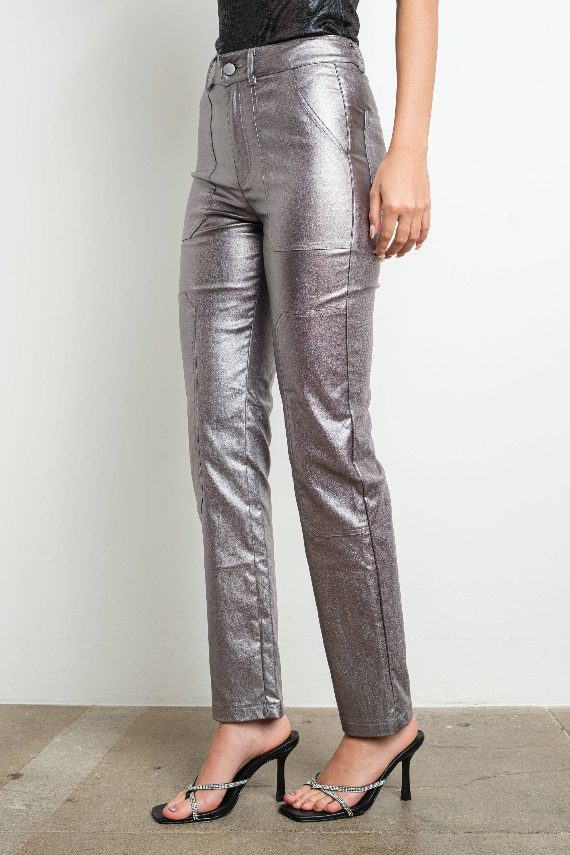 KIWI – Calças - Mulher por atacado – Calças metálicas stretch KIWI com cintura alta e pernas retas3