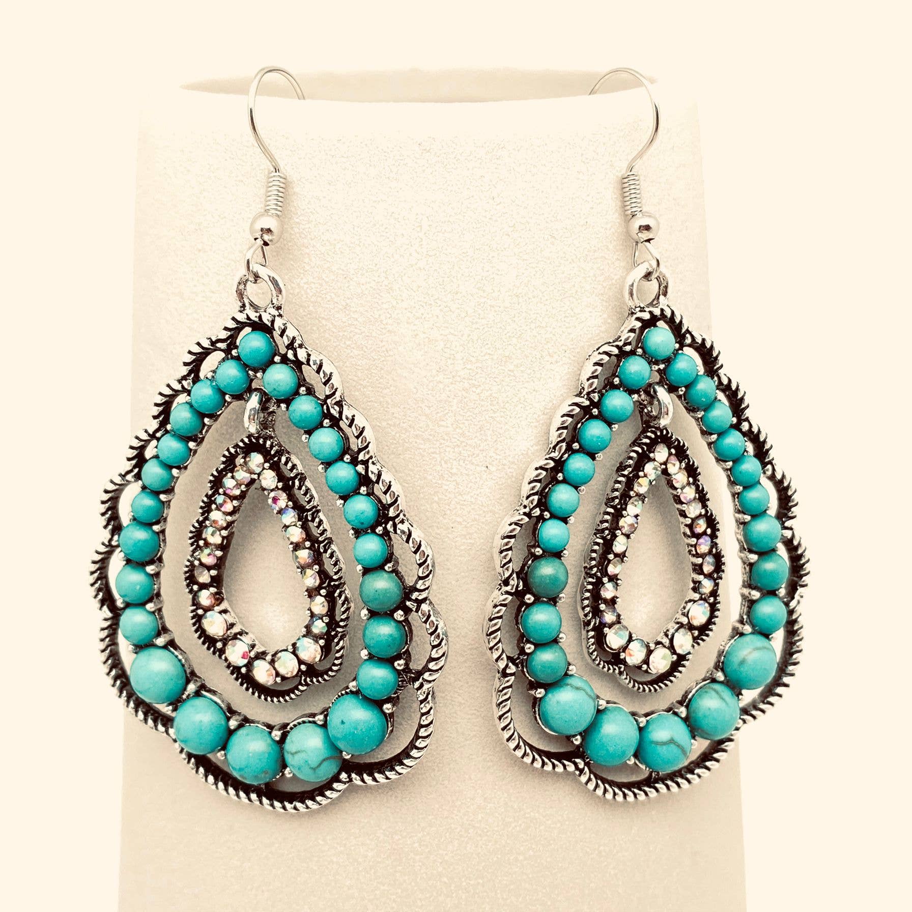 Mio Queena - Wholesale Dangle Earrings - Rhinestone Turquoise Double-layer Drop Dangle Earrings - WJ1