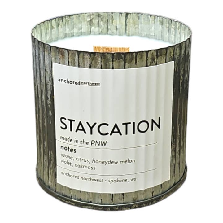 Staycation Rustic Vintage Farmhouse Wood Wick Candle for wholesale by Anchored Northwest