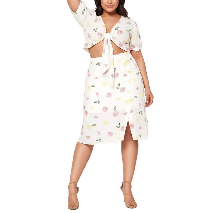 Robin K - Vente Jupe – femme - Jupe mi-longue Nurode à boutons Fruit Punch, grande taille, en tissu Frui