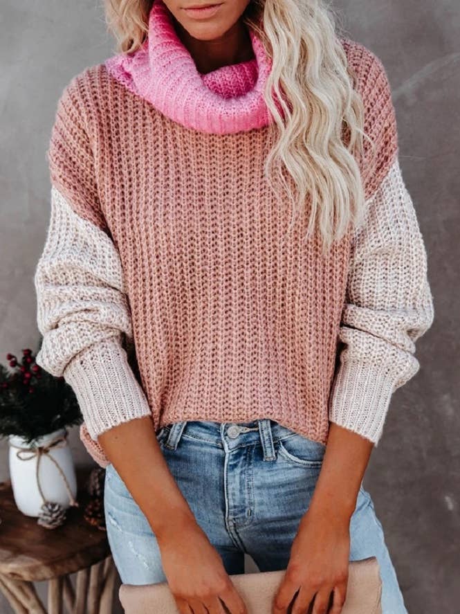 XC1457 Camisola de malha rosa com gola alta por atacado de UNISHE