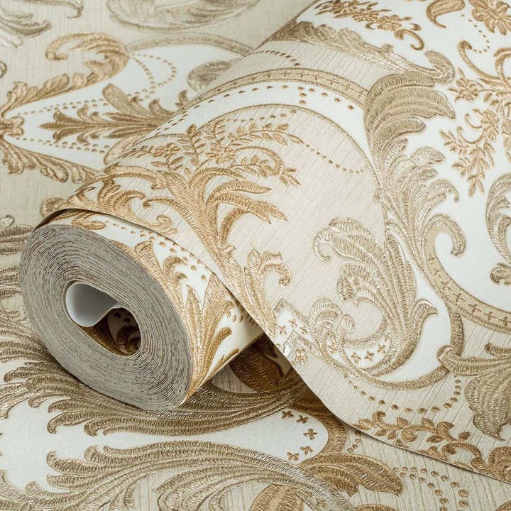 Stylish Embossed Flowered Golden, Home Wall Decor, Aesthetic Wallpaper, Textured Wallcovering Non-Adhesive and Non-Peel for wholesale by Walloro Luxury Embossed Wallpaper