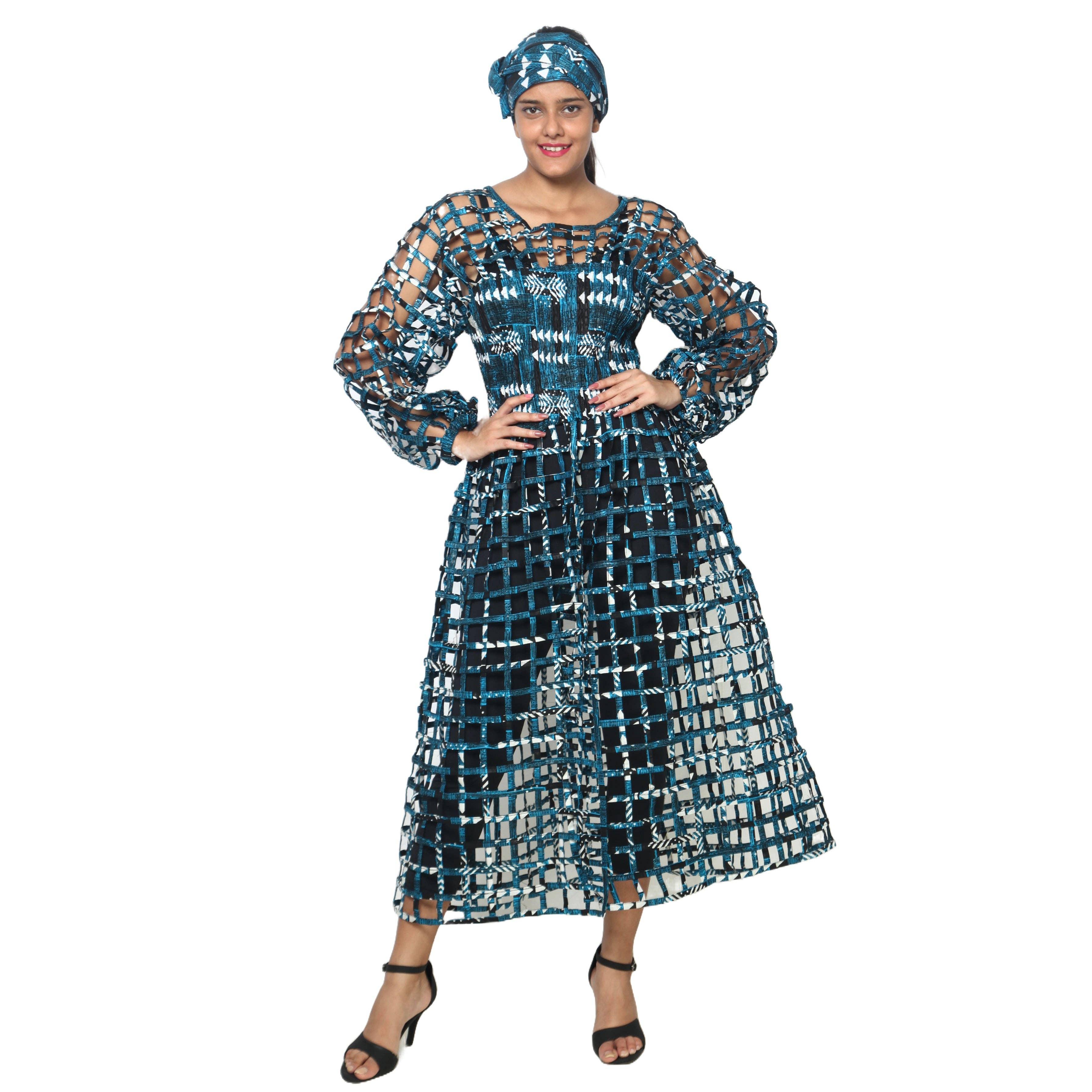 African Stars - Wholesale Dress - Women's - Women's Long Sleeve Smocked Bodice Cage Dress -- FI-ST12210