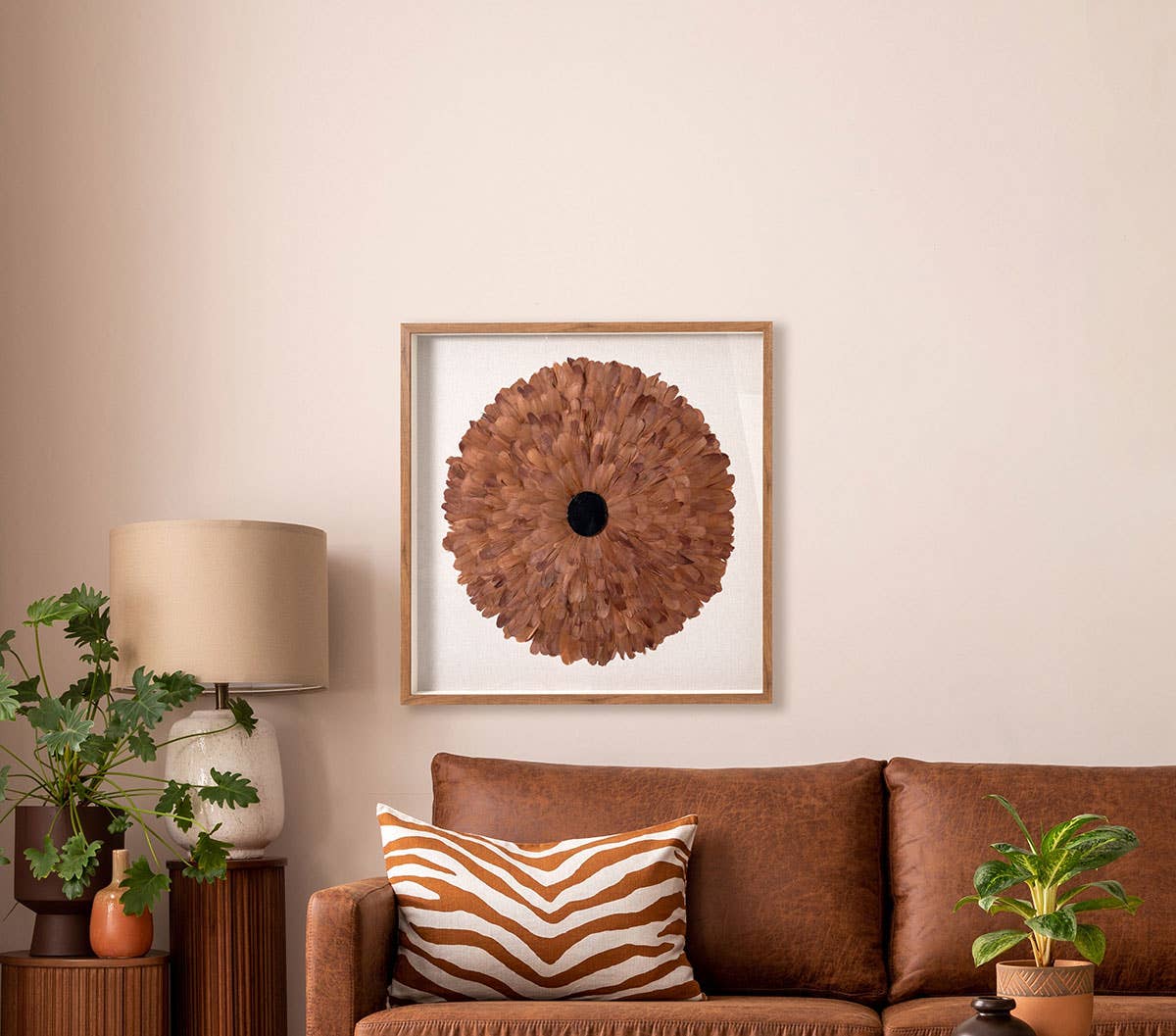 Gdeco - Venta al por mayor Marcos de fotos - Cuadro Vitrina 100*100 Cm, Marco Roble Y Plumas Coral Con Piedra Cristal.1