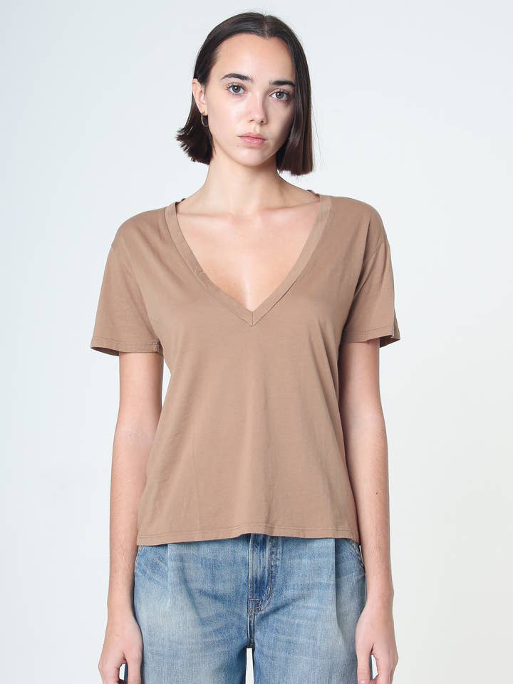 Supima Cotton Plunge V Neck Tee - Carmel for wholesale on Faire
