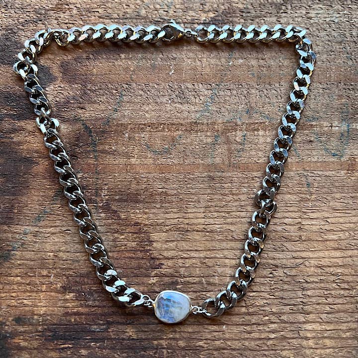 Silver Curb Chain Adjustable Necklace with Moonstone for wholesale by Carley King Jewels