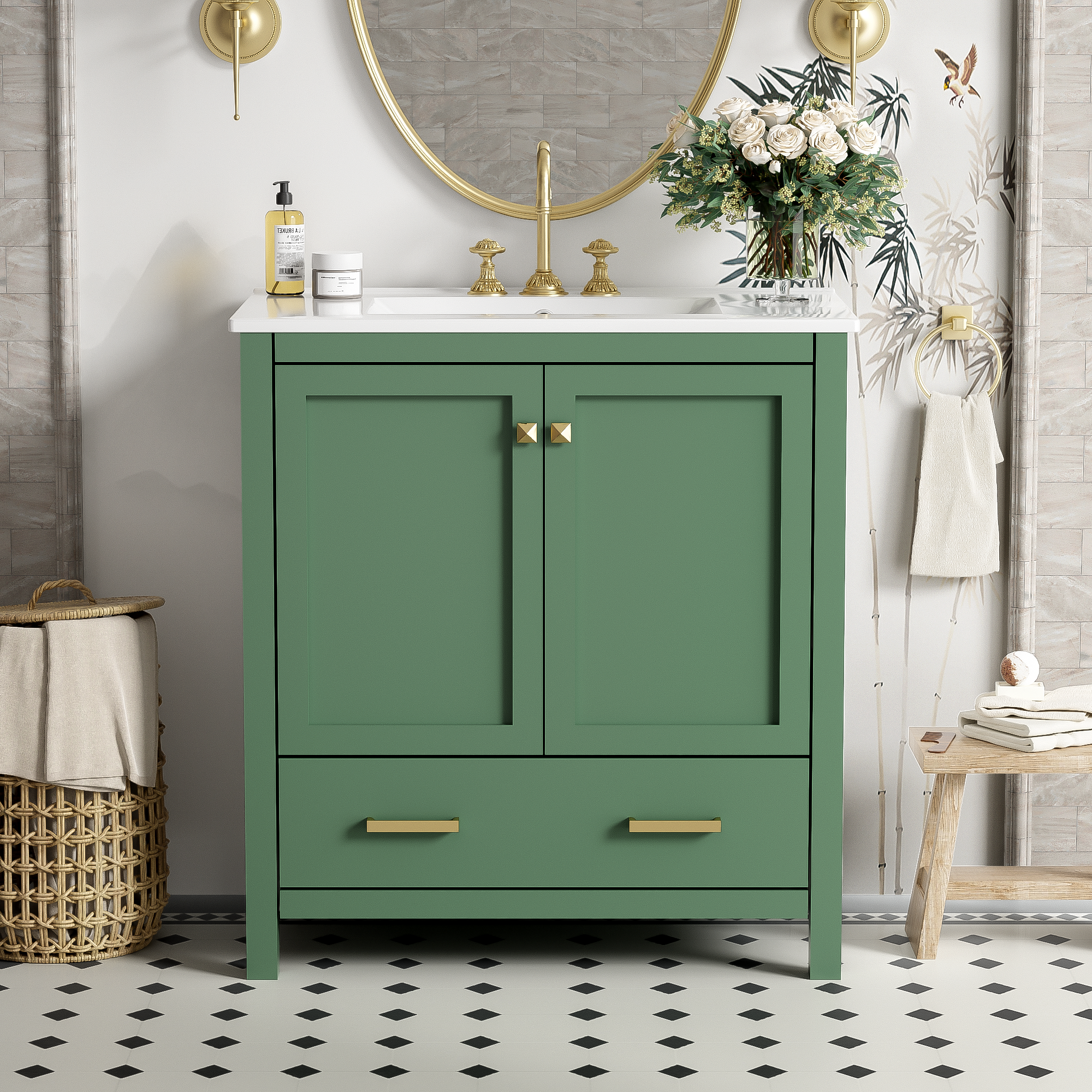 Orange County Decor - Wholesale Cabinet - 30 Inch Green Bathroom Vanity With Single Sink, Combination Under Counter Sink, Bathroom Storage Cabinet With 2 Doors And A Drawer, Soft Closure, Multifunctional Storage Wf324043 Green Bathroom2