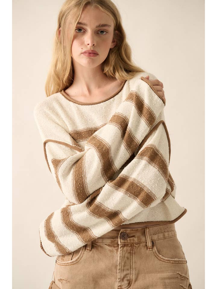 Promesa USA - Wholesale Knit Sweater - Women's - Striped Exposed-Seam Cropped Sweater