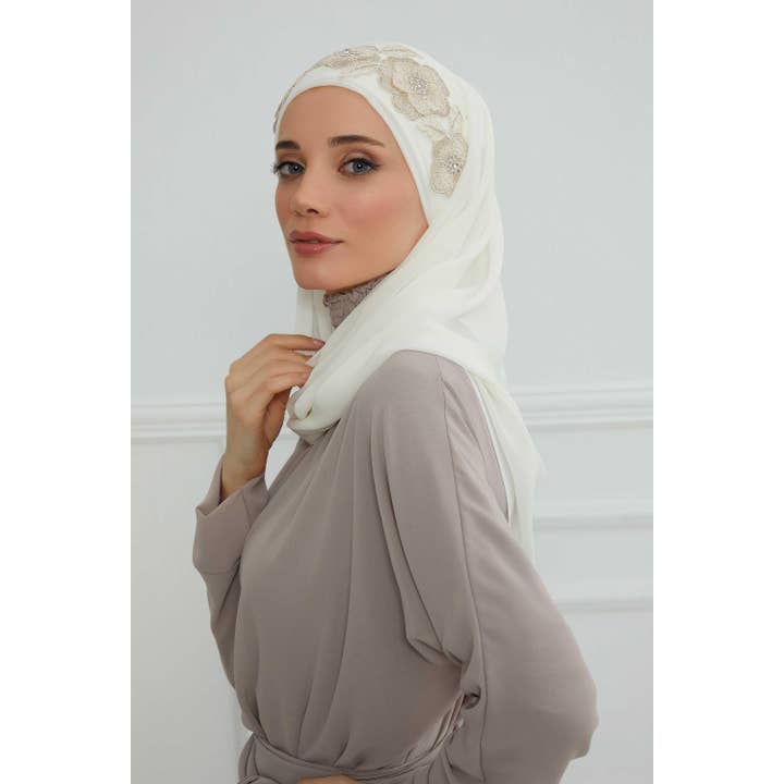 Aisha's Design - Wholesale Hijab – Women’s - Luxury Instant Chiffon Hijab with Floral Lace, Ready-to-Wear Chiffon Hijab with Embroidered Flowers,CPS-10116