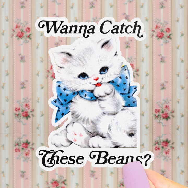 Retro Kitten Sticker, Kitschy Cat Catch These Bean for wholesale by Pretty Toxic Stickers