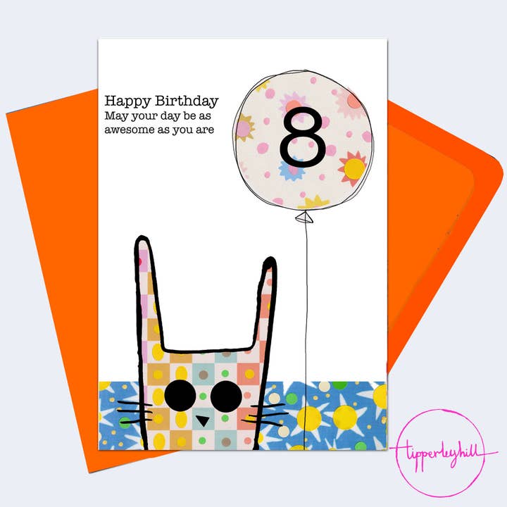 Card, COBD08, Cute bunny ‘Happy Birthday May your day be as awesome as you are’ 8th birthday for wholesale by Tipperleyhill