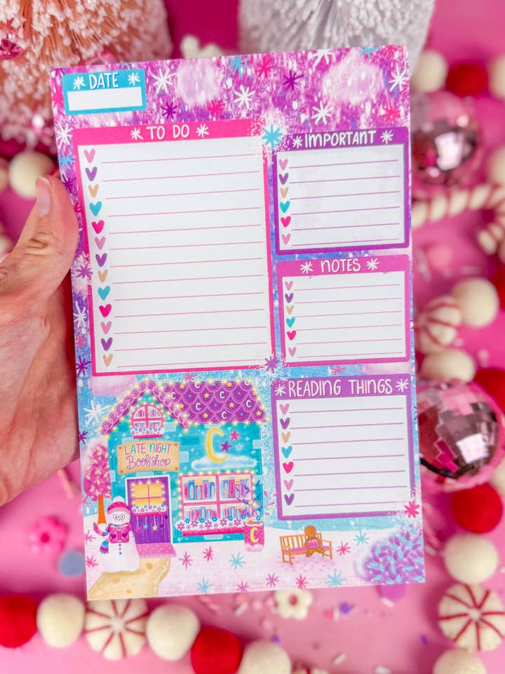 Winter Late Night Bookshop at Bookshop Avenue Daily Planner for wholesale by Emily Cromwell Designs