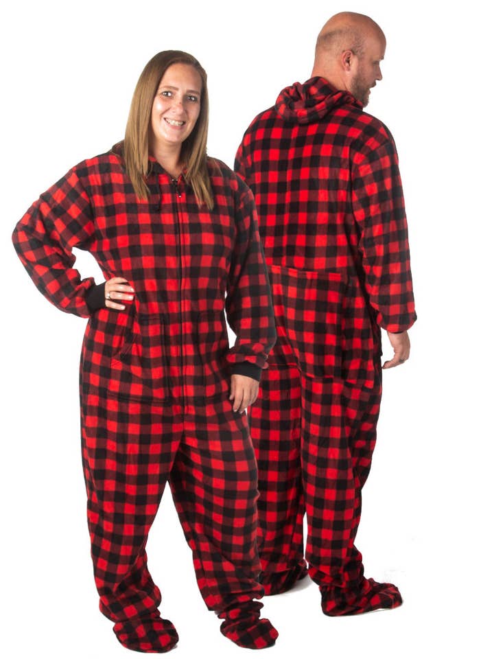 Hoodie Footed Onesie Red & Black Buffalo Plaid Fleece Pajam for wholesale by Big Feet Pajamas