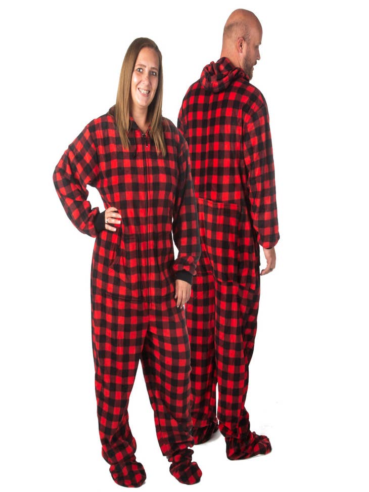Wholesale Hoodie Footed Onesie Red & Black Buffalo Plaid Fleece Pajam for  your store - Faire