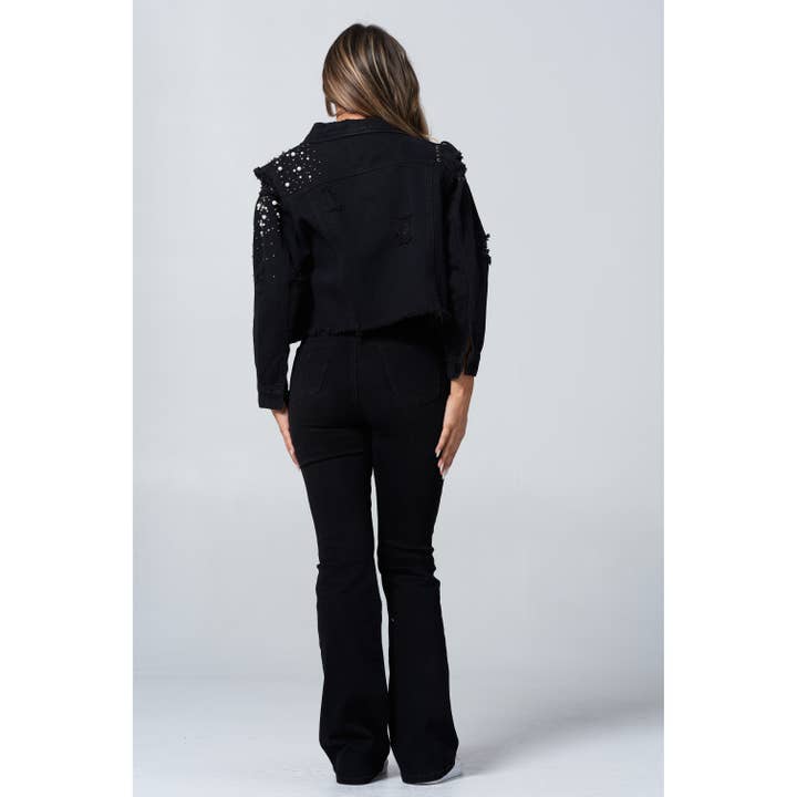 Blue Turtle – wholesale Denim jacket – Women's – Slay Em Distressed Pearl and Rhinestone Denim Jacket Black4