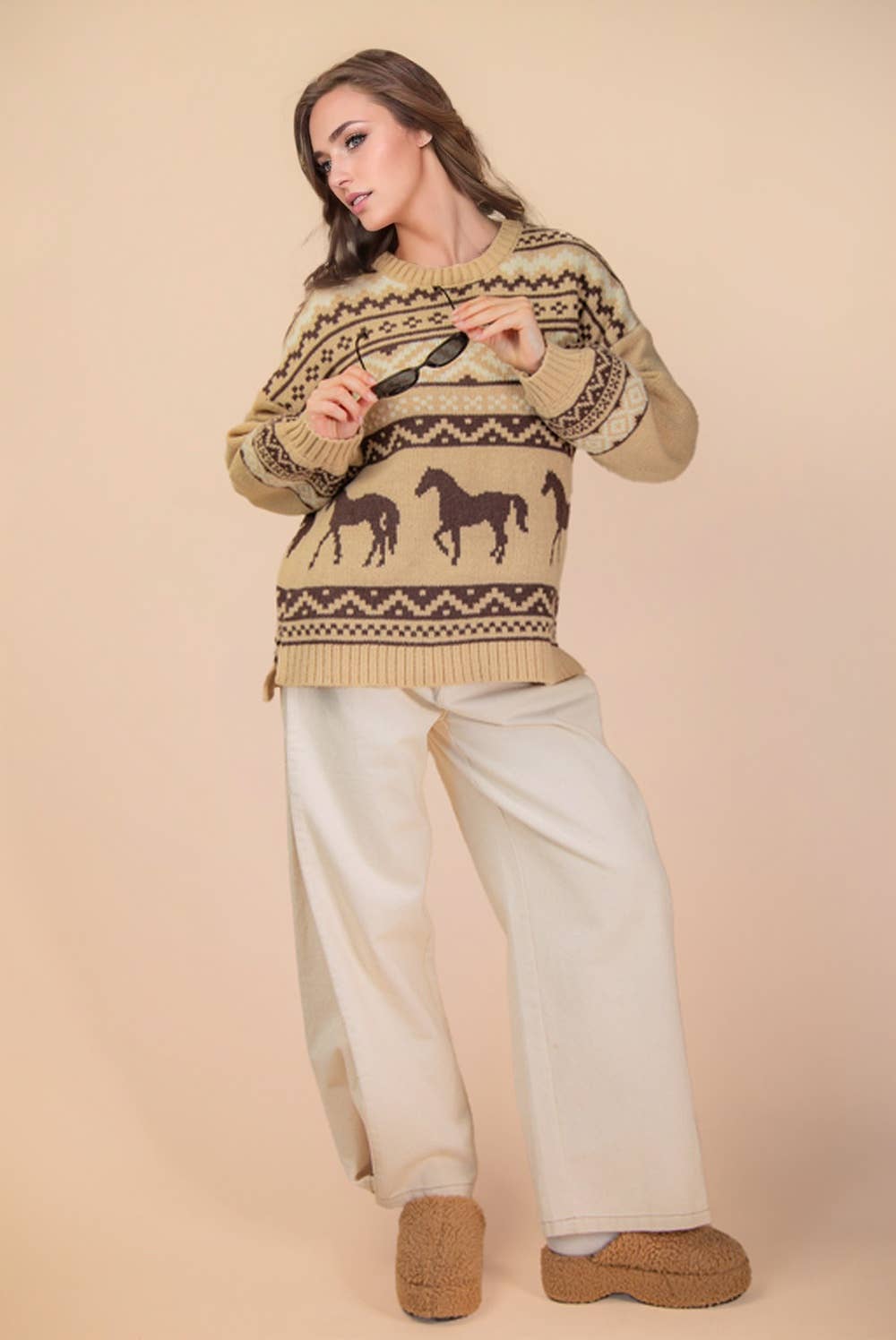 VERY J - Wholesale Knit Sweater - Women's - 12W3543N-Western Graphic Oversized Knit Sweater Top5