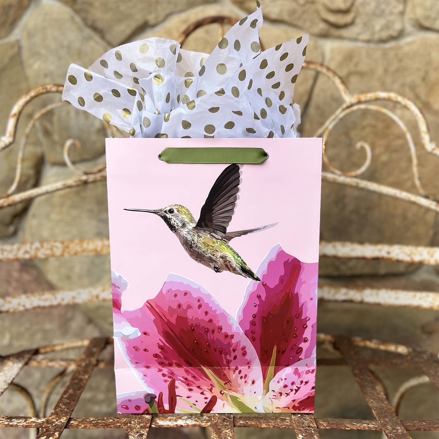 The Red Barn Press - Wholesale Gift Bag - LARGE Floral Gift Bag | Pink Tiger Lilies with Hummingbird1