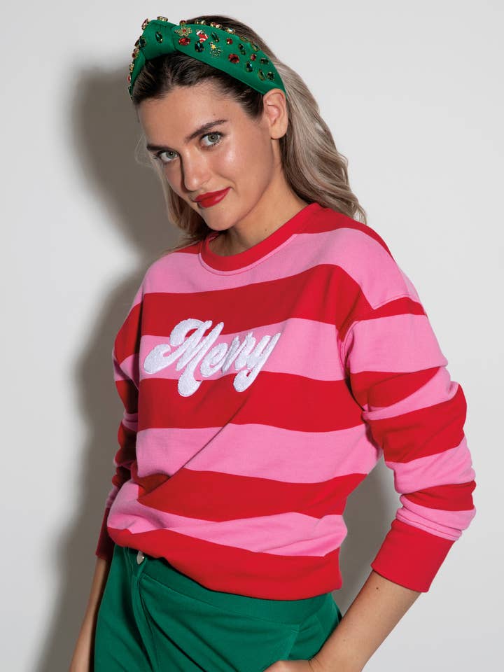 Shiraleah - Wholesale Sweatshirt - Women's - "MERRY" STRIPE SWEATSHIRT