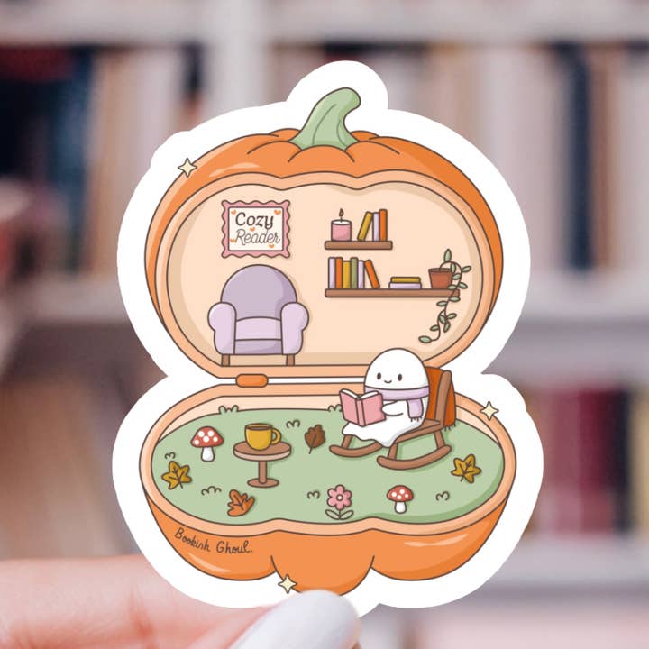 Cozy Reader Pumpkin Sticker – Bookish Ghost, Glossy Vinyl for wholesale by Indie Heart Studio