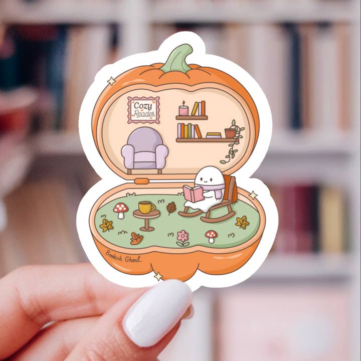 Cozy Reader Pumpkin Sticker – Bookish Ghost, Glossy Vinyl for wholesale by Indie Heart Studio
