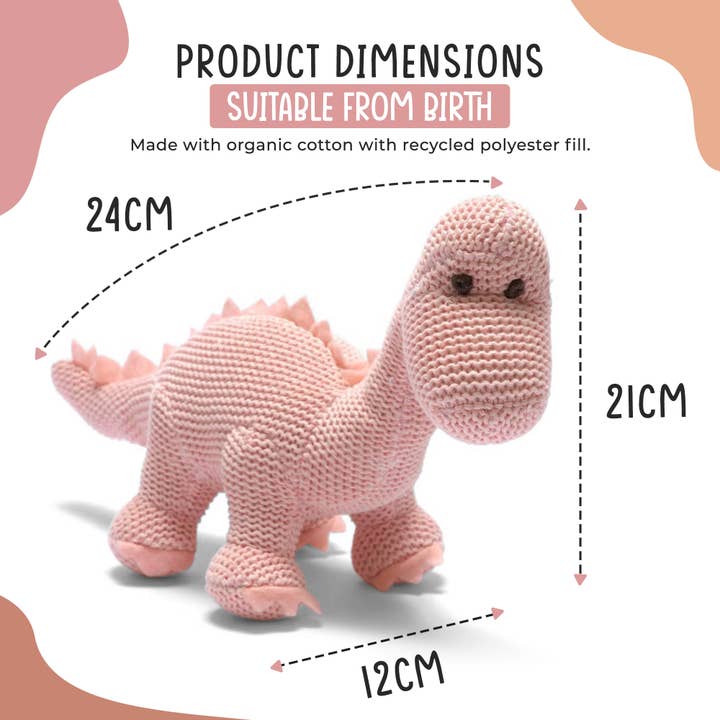 Best Years Ltd - Wholesale Handheld Rattle - Baby - Knitted Organic Cotton Pink Diplodocus Dinosaur Baby Rattle