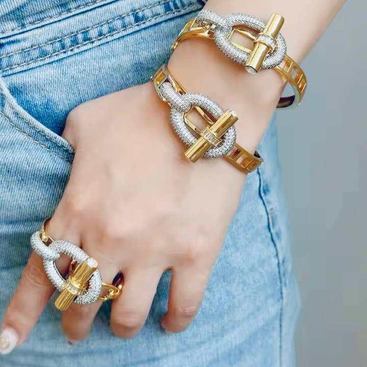 Gold and Silver Buckle Bracelet & Matching Double Finger Ring - Unique Intertwined Design for wholesale by Facetreasures Boutique