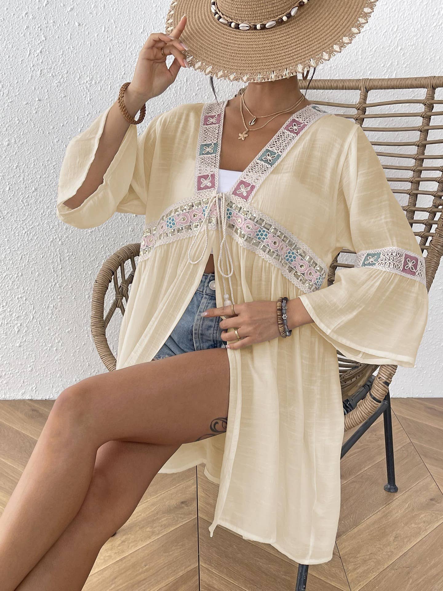 Rosa Clothing - Vente Cache-maillot – femme - Cache-maillot de plage en dentelle brodée patchwork6