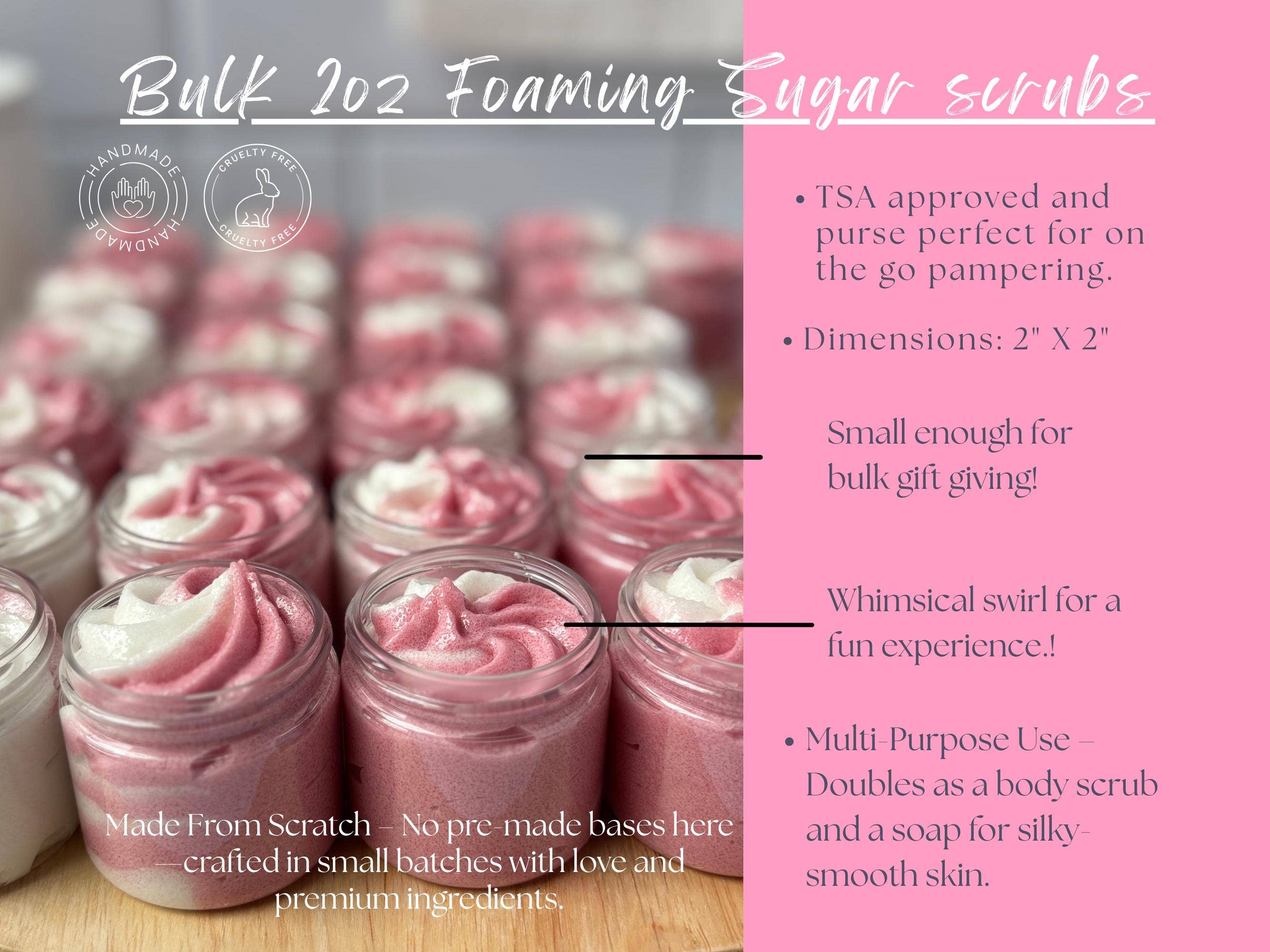 eScentually Yours - Wholesale Body Scrub/Exfoliant - Foaming Sugar Scrub 2 oz Travel Size - Custom Labeling6