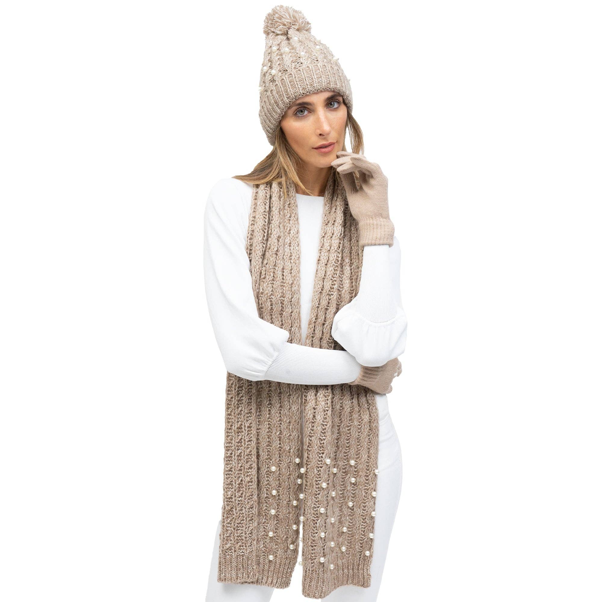 TAUPE Just Jamie 3-Piece Marled Knit Hat, Scarf, and Gloves Set with Pearls for wholesale on Faire1