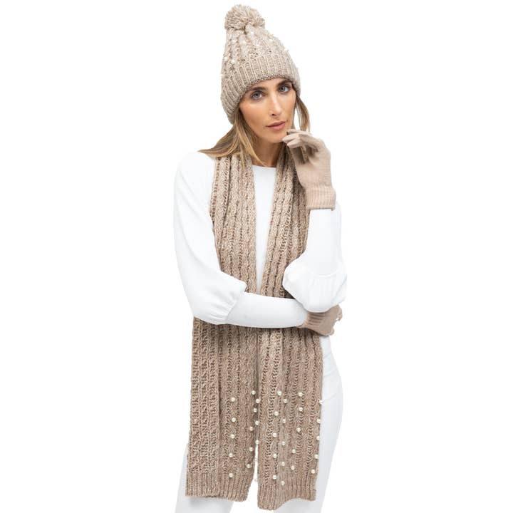 TAUPE Just Jamie 3-Piece Marled Knit Hat, Scarf, and Gloves Set with Pearls for wholesale on Faire1