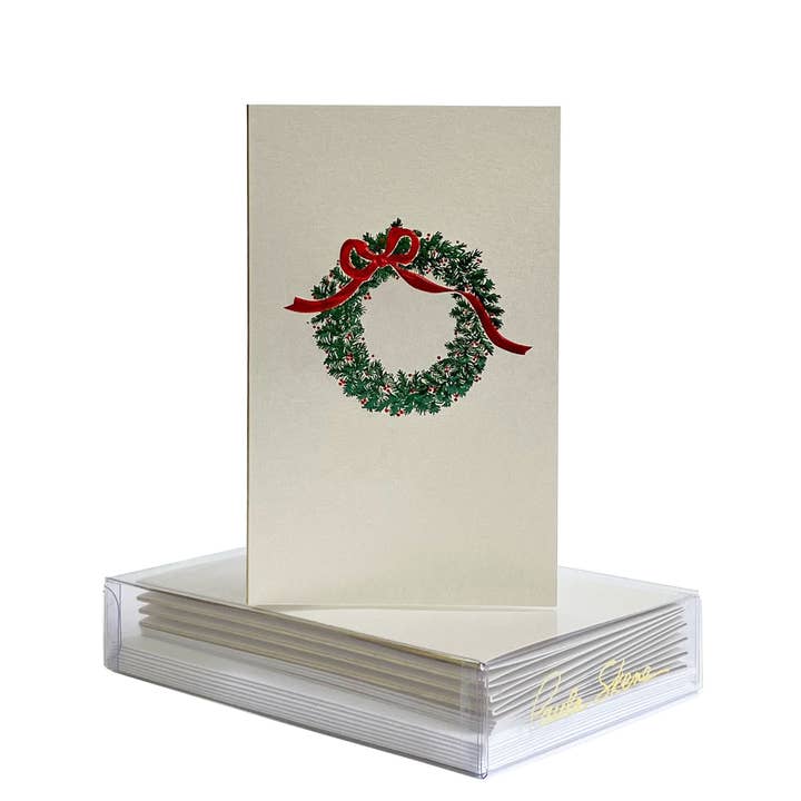 Wreath With Bow Green on Citrine Christmas Mini Note Card for wholesale by PAULA SKENE DESIGNS