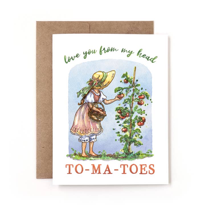 Cartão de Jardim de Amor de Tomate com Chapéu de Palha em Aquarela Fantasiosa por atacado de Nettles & Lace Paper Co.