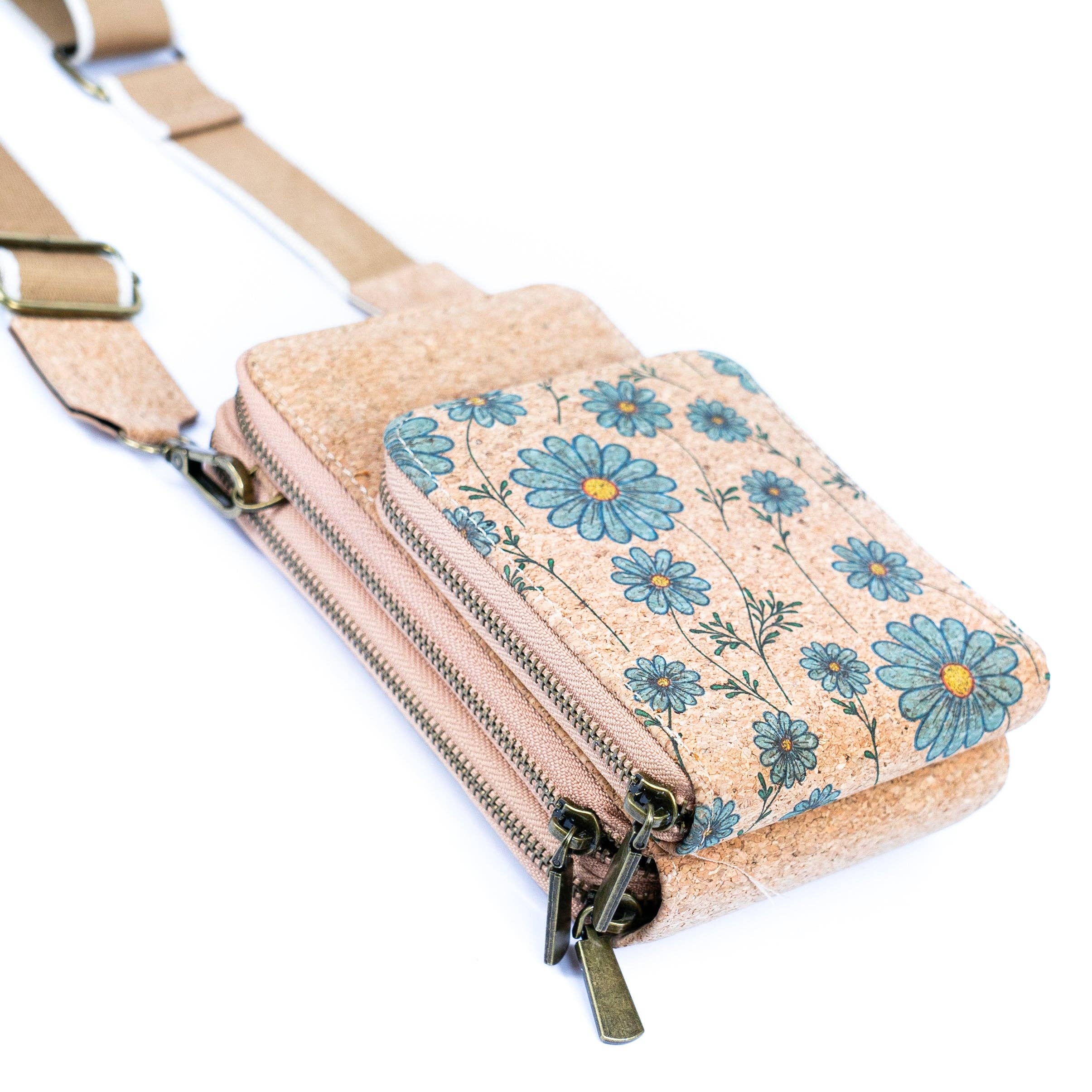 Meninas Bonitas Cork - Wholesale Crossbody Bag - Women's - Natural Cork Women's Crossbody Phone Bag with Triple Zipper Design BAG-23111