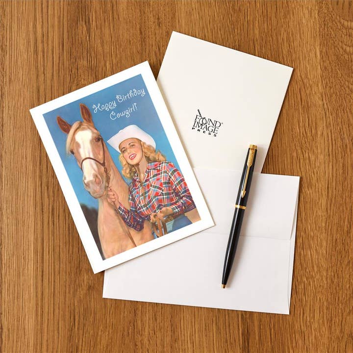 Found Image Press - Wholesale Briefpapier/indexkaartenset - Wenskaart HB-199 Fijne Verjaardag Cowgirl, Blond en Palo1