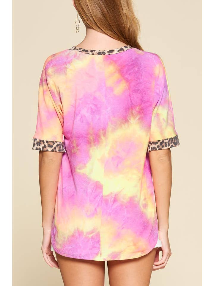 Fuchsia ETK-7991 Tie Dye V Neck Animal Print Pocket Top for wholesale on Faire4