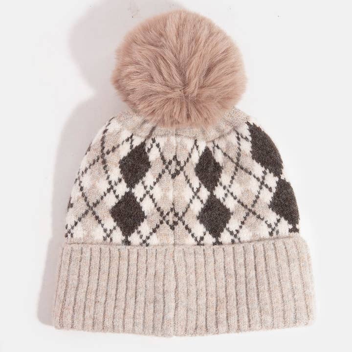 Collections by Fame Accessories - Wholesale Beanie - Women's - Argyle Knit Pom Beanie2