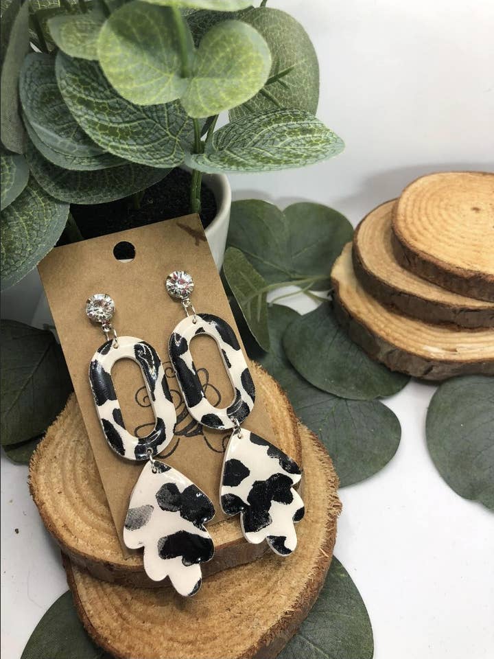 Cow Print Oval Dangle for wholesale by Buzzy bee clay