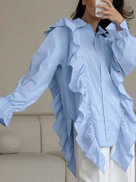 French Stylish Lapel Ruffled Loose Shirt for wholesale by Rosa Clothing