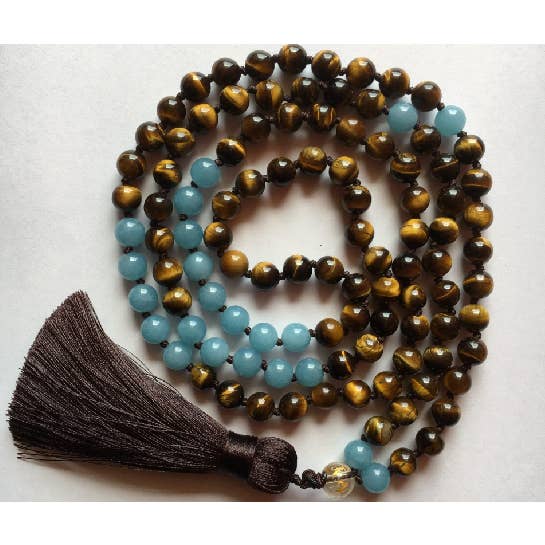 Tiger Eye & Aquamarine With Brown Tassel - 8mm for wholesale by Now N Zen