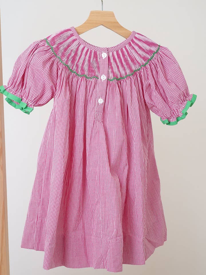 Mom & Co. - Wholesale Dress - Kids - Pink christmas joy hand smocked gingham dress4