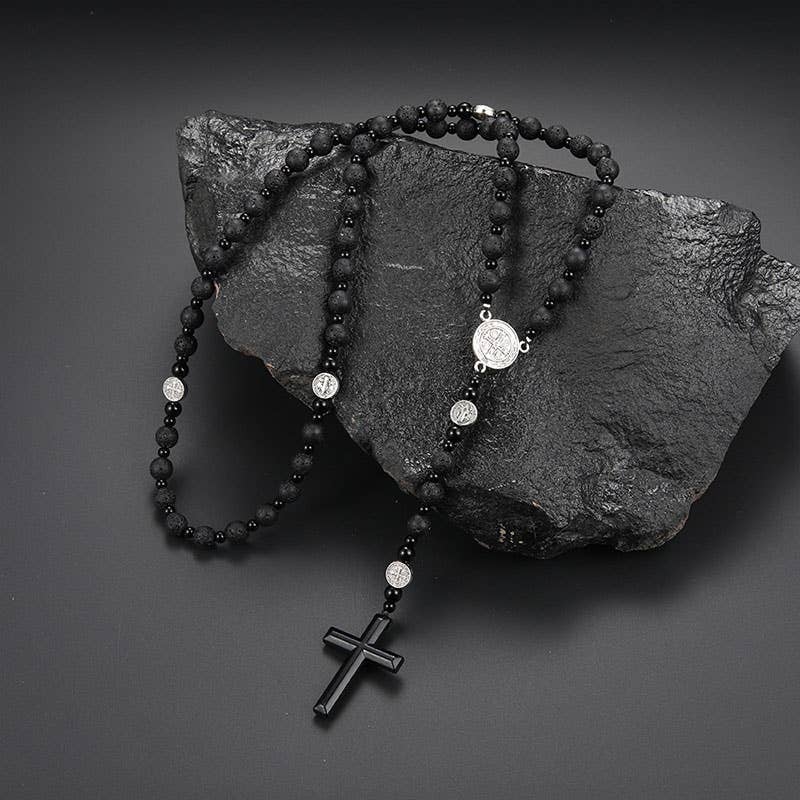 Gemcohub - Wholesale Prayer Beads Necklace - Volcanic Black Gallstone Cross Rosary Necklace1