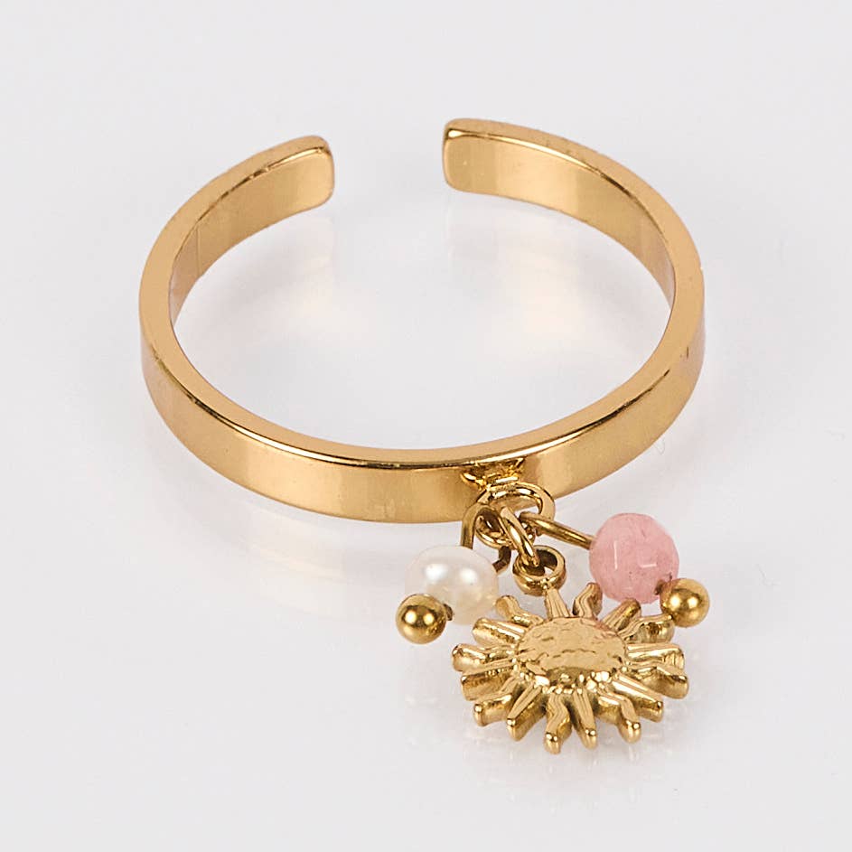 By Sookay - Wholesale Band/Stacked Ring - Sunflower charm ring in stainless steel, soft beads6