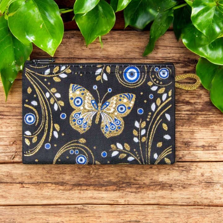 Guzel Handcrafts - Wholesale Coin Purse - Women's - Black Golden Butterfly & Evil Eye Patterned Woven Zipper Coin Purse1