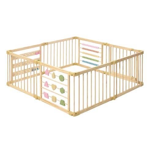 ZETY Natural Wood Baby Playpen- 8 Panel Foldable Play Yard with Door Panel and Built-In Toys, CPC & SGS Certified for wholesale by TYZE