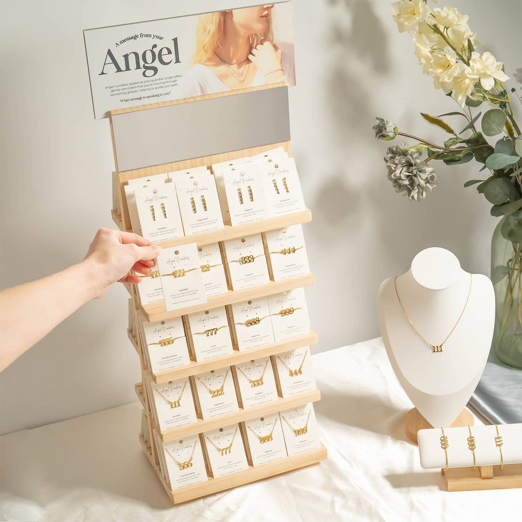 WJW - Venta al por mayor Soportes y estantes de exposición de joyas - Set de exhibición de joyería con números angelicales7