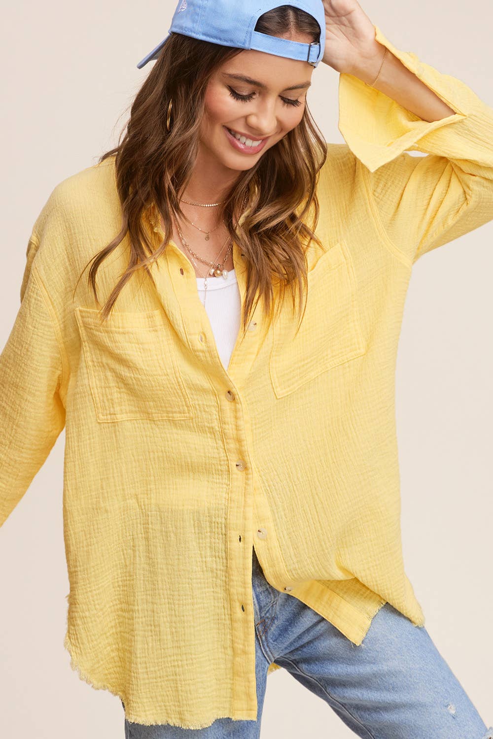 La Miel - Wholesale Button Down Shirt - Women's - SRT7448-Soft Washed Crinkled Gauze Button Down Shirts1