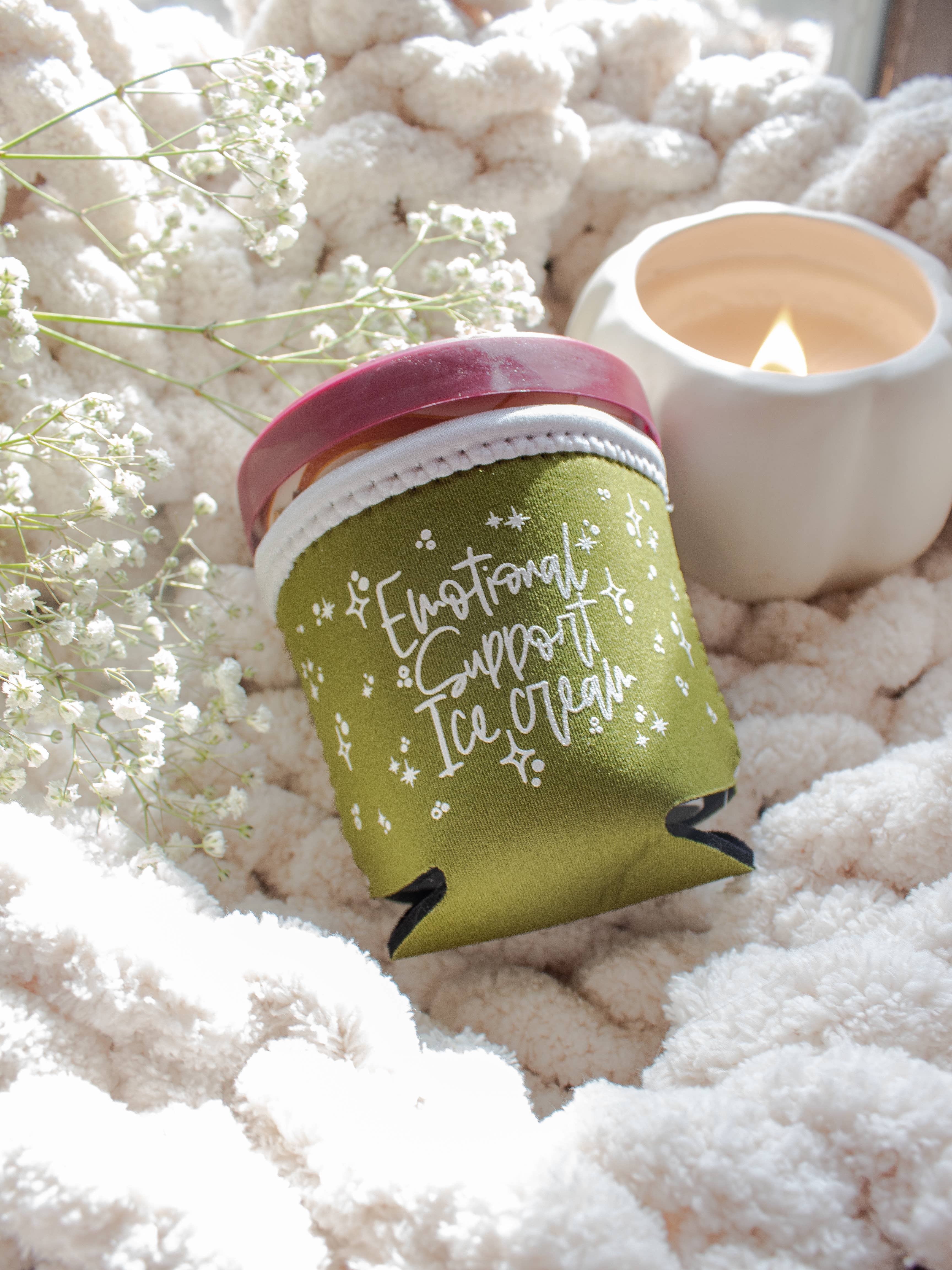 Meaggie Moos - Wholesale Drink Huggers & Koozies - Ice Cream Pint Sleeve | Emotional Support Ice Cream | Green3