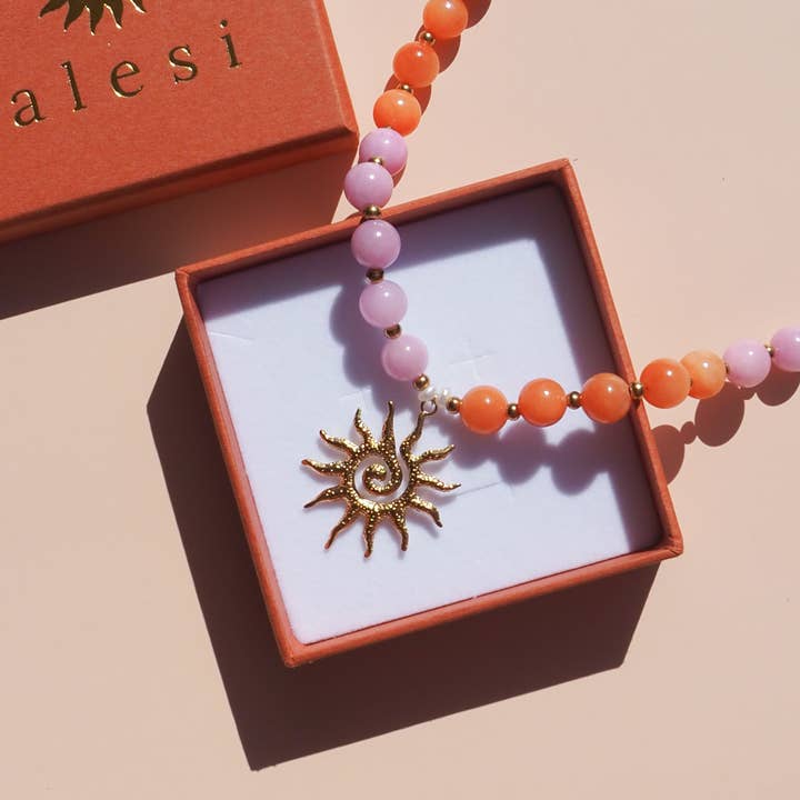 Alesi Jewellery - Wholesale Beaded/pearl necklace - Spiral Sun Pink & Orange Beaded Gemstone Necklace 1