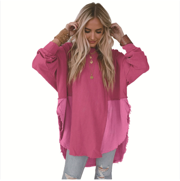 Lovesoft - Wholesale Tunic - Women's - Crinkle Splicing Raw Hem High Low Oversized Blouse0